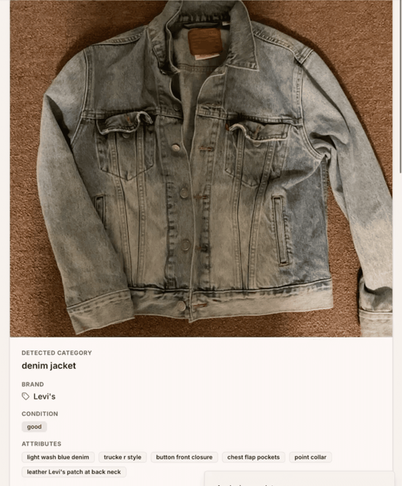 CacheIQ detected category, brand, condition, and attributes for a denim jacket