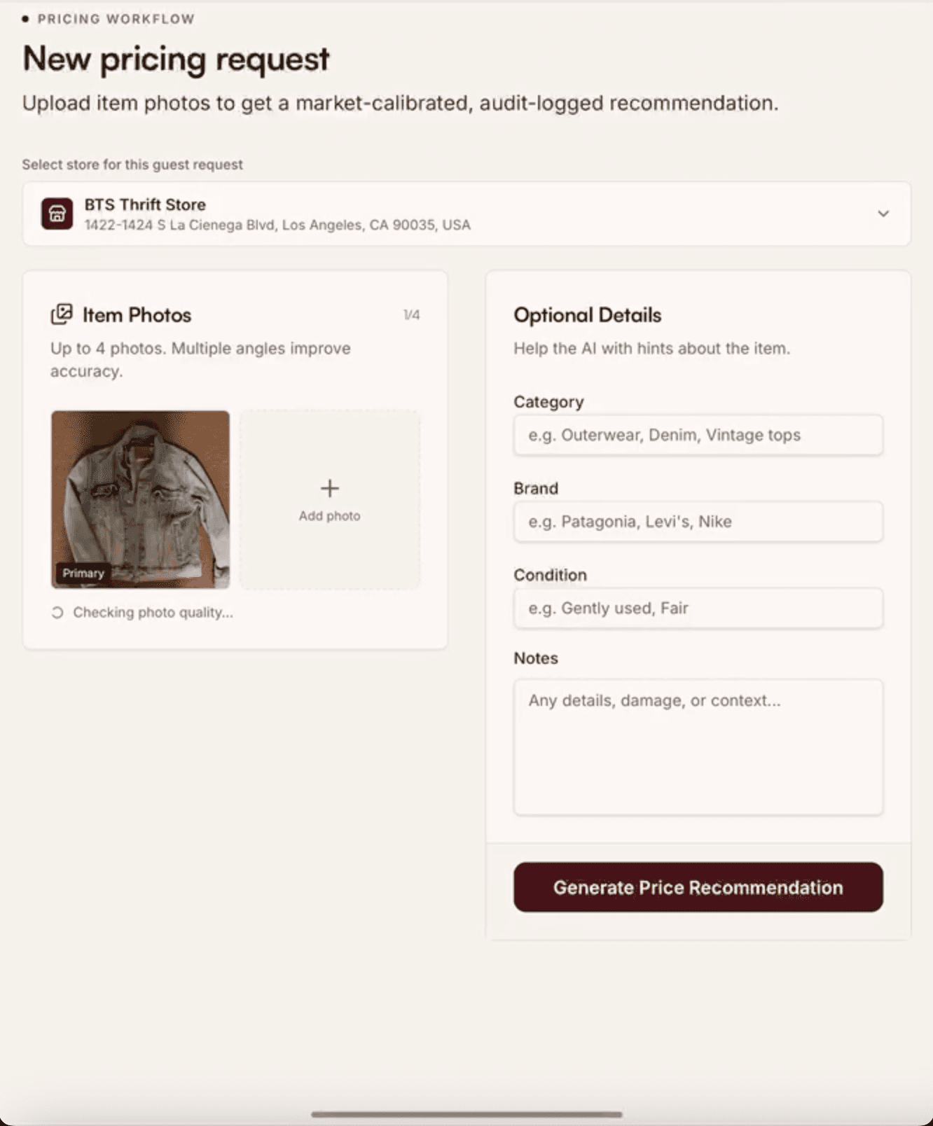 CacheIQ item photo upload screen showing a denim jacket and store selection