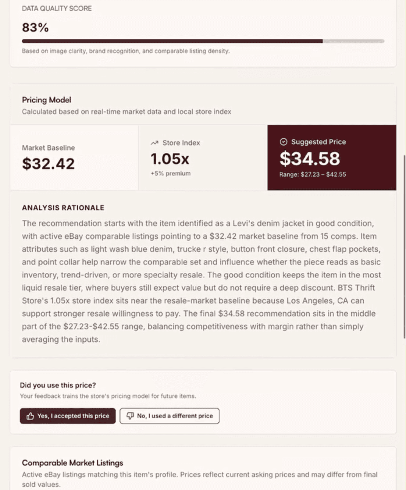 CacheIQ price recommendation with market baseline, store index, and suggested price
