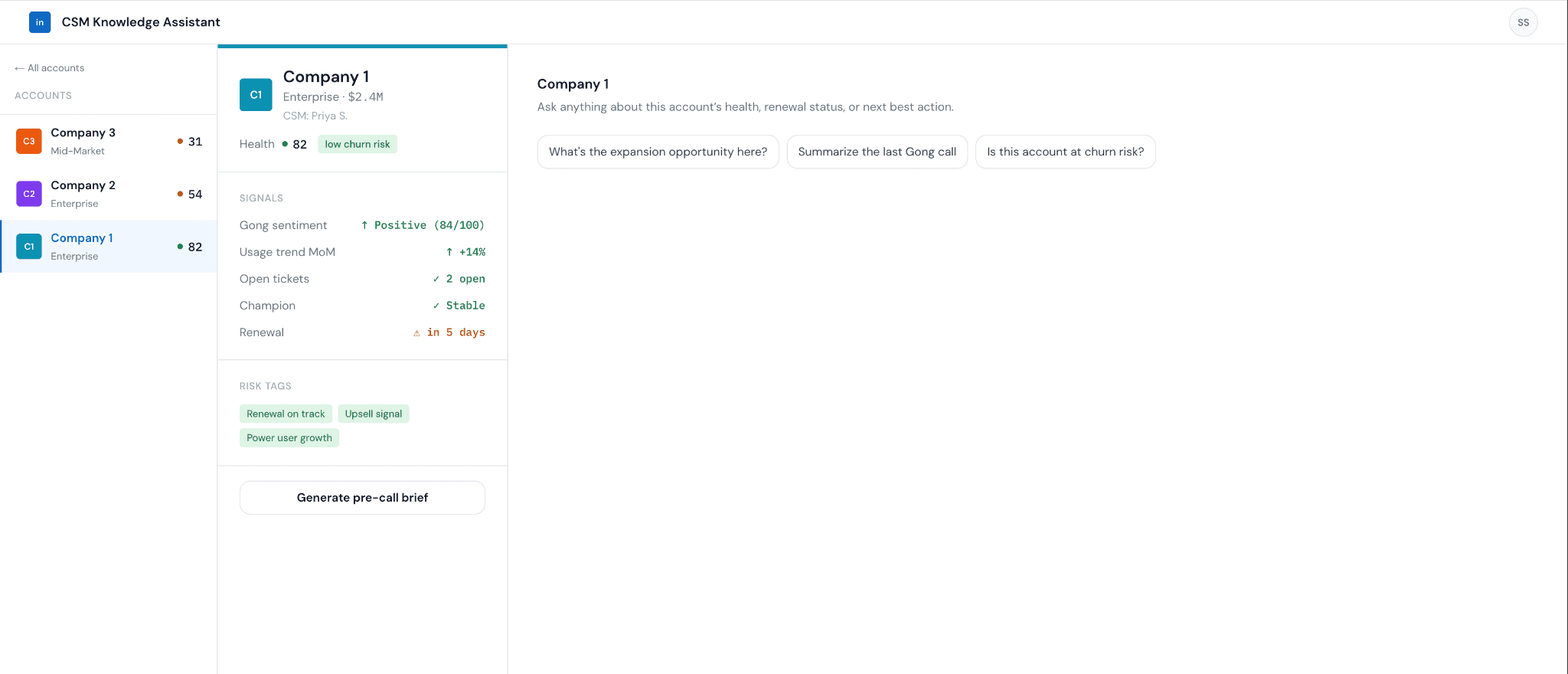 CSM Knowledge Assistant prototype showing account health, churn-risk signals, and a pre-call brief generator