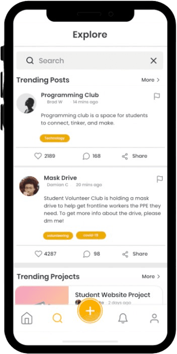 Revoteen Explore feed showing trending posts and trending projects