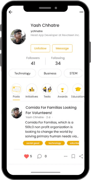 A Revoteen user profile page with posts, initiatives, and awards tabs